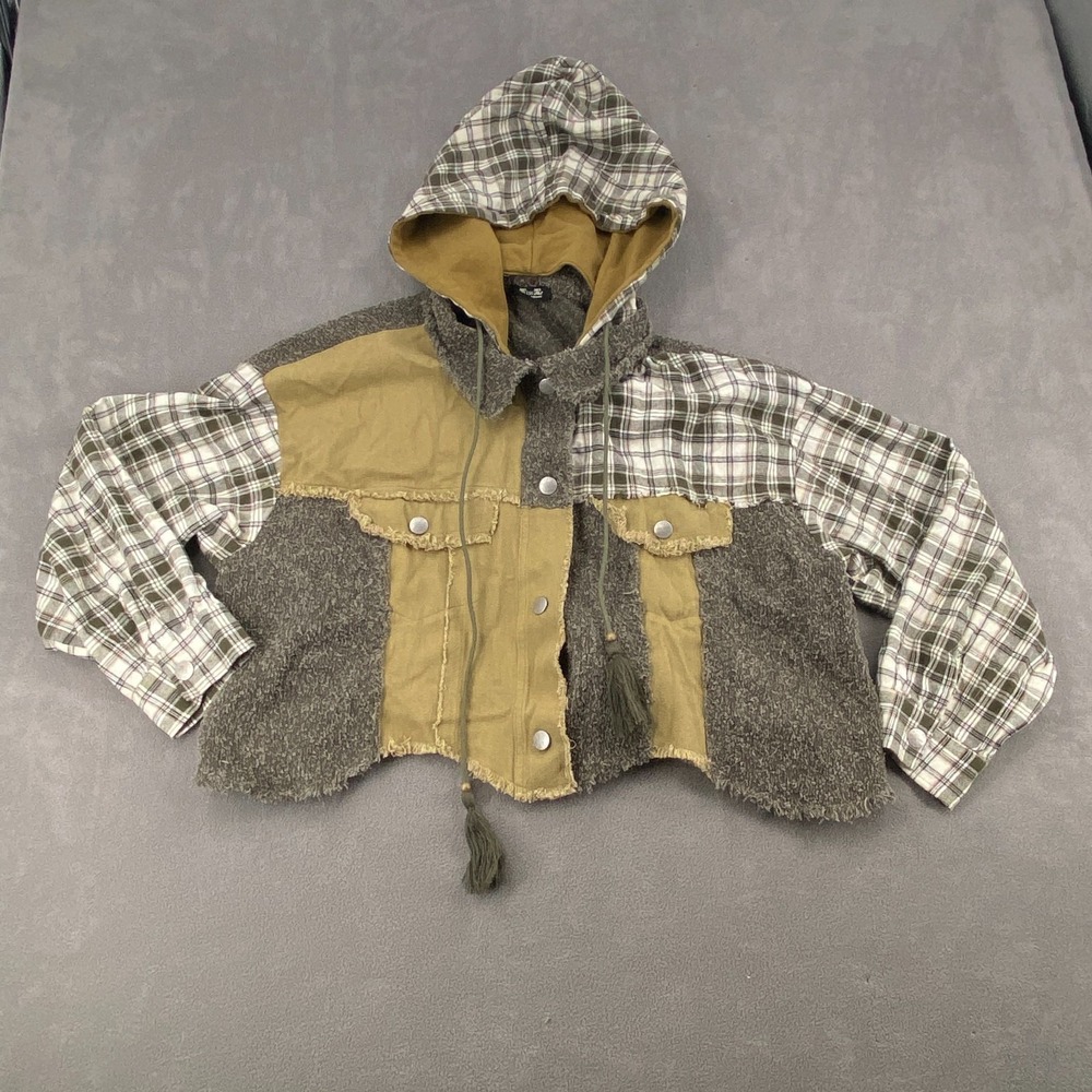 Miss Me Crop Hooded Shacket Womens Large Multi Pieced Plaid Patchwork Snap Front